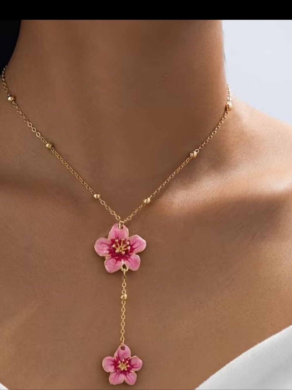 Gold Chain Necklace with Pink Floral Drop Pendant